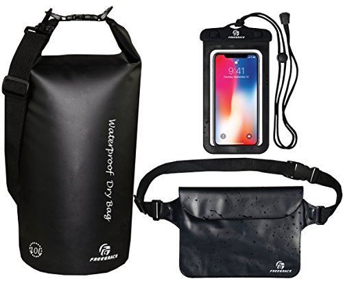 Freegrace Waterproof Dry Bags Set of 3 - Dry Bag with 2 Zip Lock Seals & Detachable Shoulder Strap, Waist Pouch & Phone Case - Can Be Submerged Into Water for Swimming, Kayak, Rafting & Boating