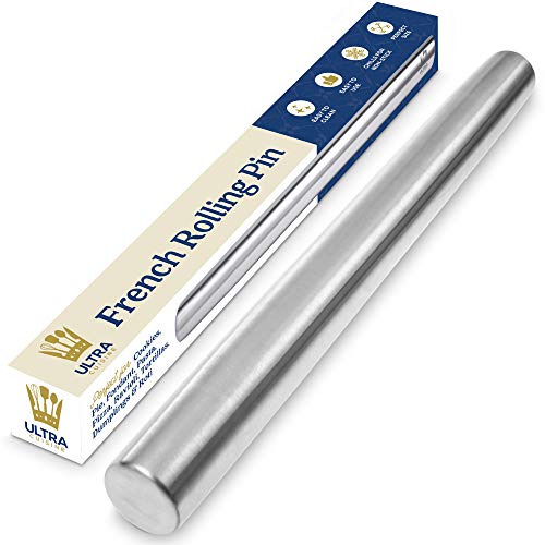 Ultra Cuisine French Rolling Pin for Baking – Use with Pizza, Cookie, and Pastry Dough, Fondant and Pie Crust – Tapered Design Bread Roller Pin, Stainless Steel 15.75-inch Large Roller Pin