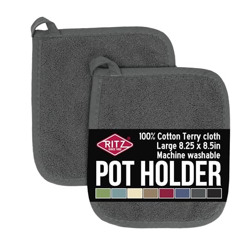 Ritz Royale Collection 100% Cotton Terry Cloth Pot Holder Set, Kitchen Hot Pad, 2-Pack, Graphite