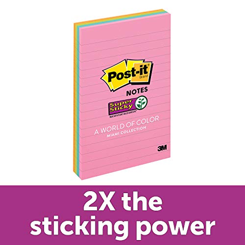 Book Cover Post-it Super Sticky Notes, Miami Colors, Sticks and Resticks, Great for Windows, Doors and Walls, 4 in. x 6 in, 4 Pads/Pack, (4621-SSMIA)