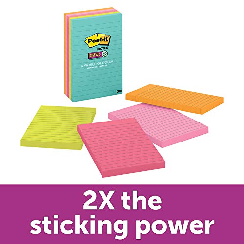 Post-it Super Sticky Notes, 2x Sticking Power, 4" x 6", Miami Collection, 5 Pads per Pack, 90 Sheets per Pad, Lined (660-5SSMIA)