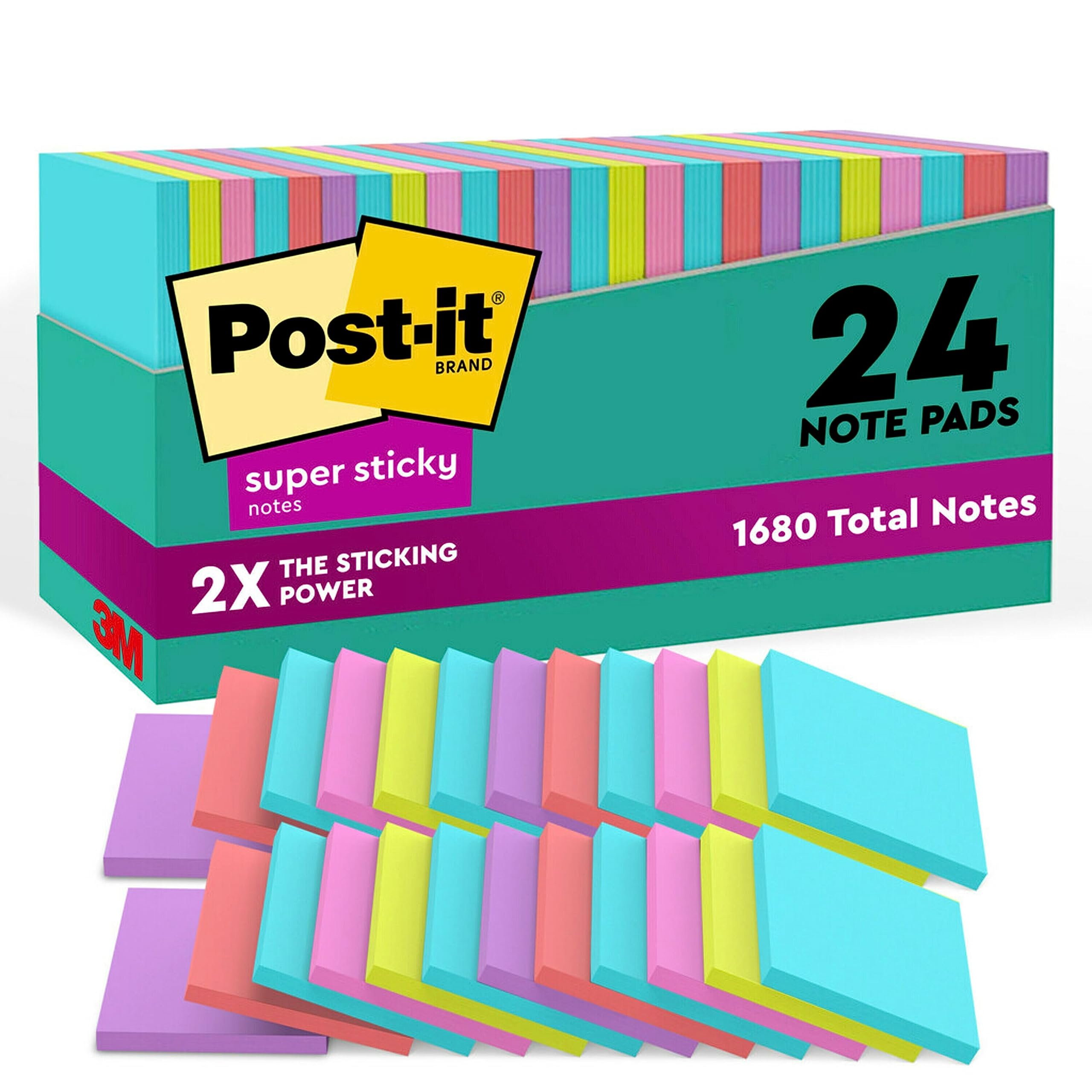 Book Cover Post-it Super Sticky Notes, 24 Note Pads, 3x3 in., 2x the Sticking Power, School Supplies and Office Products, Sticky Notes for Vertical Surfaces, Monitors, Walls & Windows, Supernova Neons Collection