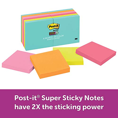 Post-it Super Sticky Notes, Blue, Pink, Green, Orange, Sticks and Resticks, Great for Windows, Doors and Walls, 3 in. x 3 in, 12 Pads/Pack, 90 Sheets/Pad (654-12SSMIA)