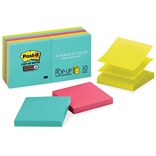 Post-it Super Sticky Pop-up Notes, 3x3 in, 10 Pads, 2x the Sticking Power, Miami Collection, Neon Colors (Pink, Blue, Green), Recyclable (R330-10SSMIA)