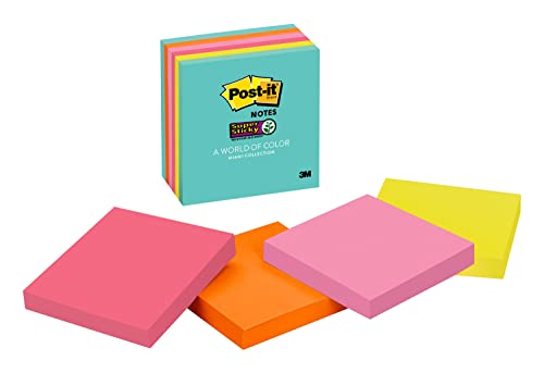 Book Cover Post-it Super Sticky Notes, 3x3 in, 6 Pads, 2x the Sticking Power, Miami Collection, Neon Colors (Orange, Pink, Blue, Green), Recyclable (654-6SSMIA)