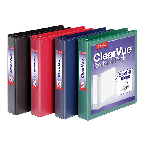 Cardinal 1.5" D-Ring Presentation View Binders, 3-Ring Binder, Holds 375 Sheets, Nonstick, PVC-Free, Assorted, Black, Red, Blue, Green, 4 Pack (29300)