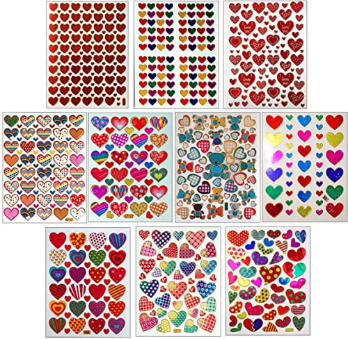Book Cover Jazzstick 10-Sheet Valentines Heart Stickers Glitter Red & Colors Value Pack Bulk 02