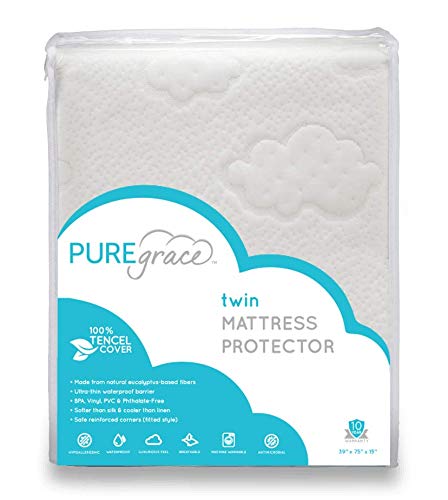 PUREgrace Eucalyptus Twin Mattress Protector Natural Safe Tencel - Waterproof - Breathable Quiet Hypoallergenic pad (39" x 75")