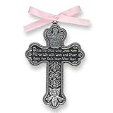 Bless The Child - GUARDIAN ANGEL Baby GIRL Crib Cross 4" PEWTER Medal - CHRISTENING - BABY SHOWER GIFT Baptism KEEPSAKE with PINK RIBBON GIFT BOXED