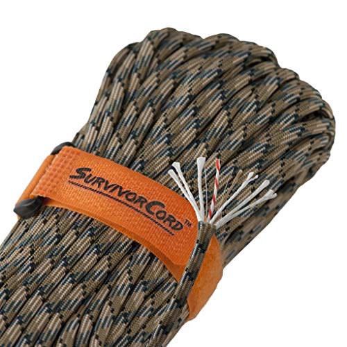 620 LB Forest Camo SurvivorCord Hank, Forest Camo Paracord 550 Type III, Military Grade, Heavy Duty Paracord with 3 Survival Strands, Cordage for Camping, with Survival Firestarter.