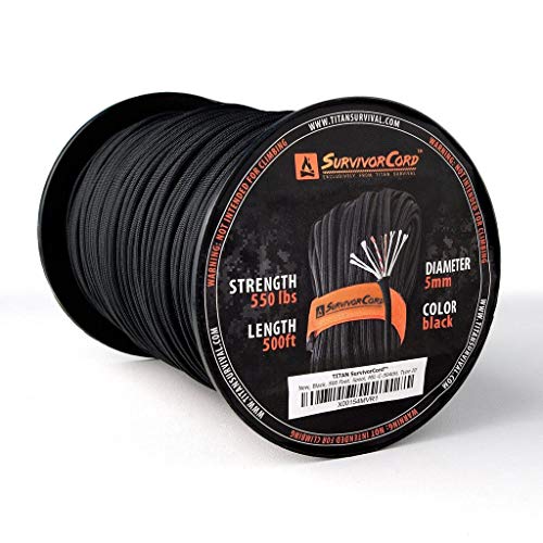 620 LB SurvivorCord - The Original Patented Type III Military 550 Parachute Cord with Integrated Fishing Line, Multi-Purpose Wire, and Waterproof Fire Starter. 100 FEET, Black Paracord