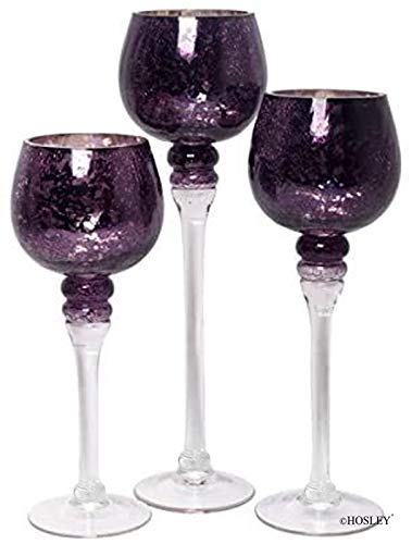 Hosley Set of 3 Crackle Glass Tealight Holders - Your Choice of Colors - 12 Inch, 10 Inch, 9 Inch (1-Purple)