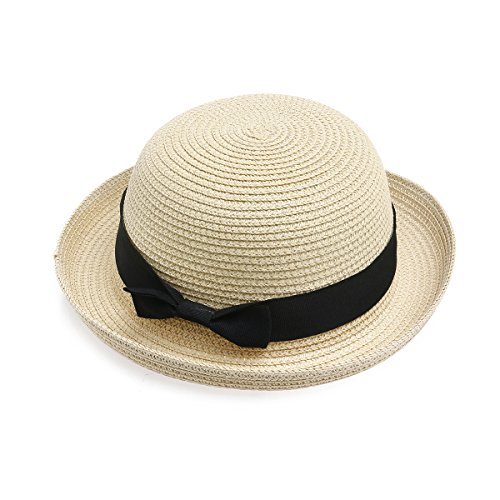 NUOLUX Fashion Beach Cap Bowknot Roll-up Wide Brim Dome Straw Summer Sun Hat (Beige)