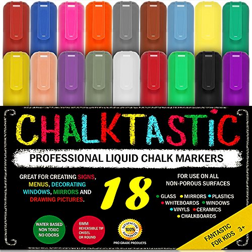 CHALK MARKERS & Pens - By Fantastic ChalkTastic MEGA 18 Pack BEST for Kids, Menu Board Bistro Boards - Glass & Window Erasable Marker Pen - Reversible 6mm Tip, Neon & Earth Colors, Gold & Silver