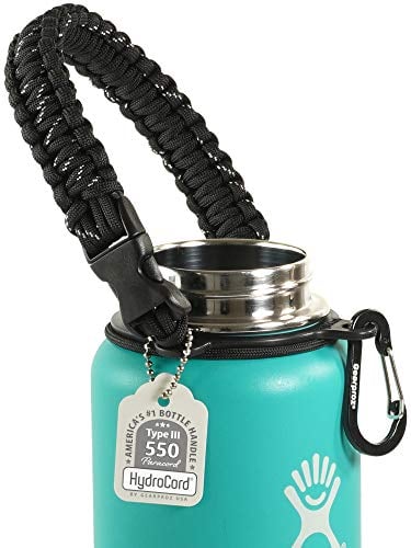 Book Cover Gearproz Handle for Hydro Flask, Nalgene, Takeya - America's No. 1 Paracord Water Bottle Carrier with Safety Ring - Fits Wide Mouth 12 oz to 64 oz Flasks (Black Speckled)