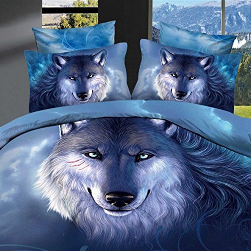 Book Cover Ammybeddings 3D Blue Wolf Bedding Sets Twin,4 Piece 400 Thread Count 100% Cotton Duvet Cover Sets Twin Blue, Home Decoration