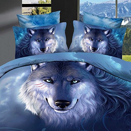 Ammybeddings 3D Blue Wolf Bedding Sets Twin,4 Piece 400 Thread Count 100% Cotton Duvet Cover Sets Twin Blue, Home Decoration