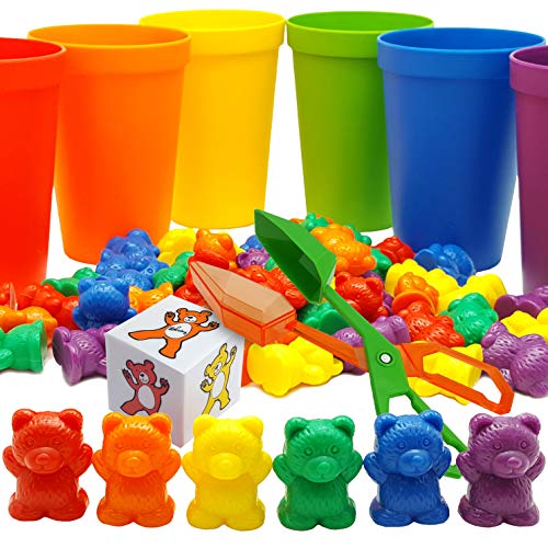 Skoolzy Rainbow Counting Bears with Matching Sorting Cups, Bear Counters and Dice Math Toddler Games 71pc Set - Bonus Scoop Tongs, Storage Bagsâ€¦