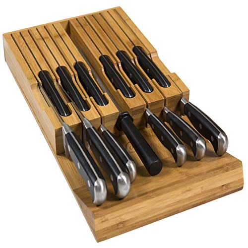 Book Cover In-Drawer Bamboo Knife Block Holds 12 Knives (Not Included) Without Pointing Up PLUS a Slot for your Knife Sharpener! Noble home & chef Knife Organizer Made from Quality Moso Bamboo