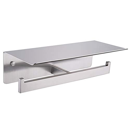 Double Toilet Paper Holder with Shelf, APL Bathroom Accessories SUS 304 Stainless Steel Tissue Roll Holder with Mobile Phone Storage Rack Handy Use Brushed Nickel