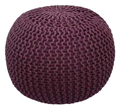 COTTON CRAFT - Hand Knitted Cable Style Dori Pouf - Plum - Floor Ottoman - Cotton Braid Cord - Handmade & Hand Stitched - Truly one of a Kind Seating - 20 Dia x 14 High