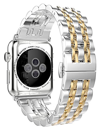 HUANLONG Compatible with Apple Watch Band, Solid Stainless Steel Metal Replacement Watchband Bracelet with Compatible with iWatch Series 1/2/3/4/5/6/7(LS 42/44/45mm Silver/Gold)