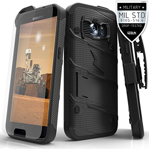 Book Cover ZIZO Bolt Series Samsung Galaxy S7 Case Military Grade Drop Tested with Tempered Glass Screen Protector Holster Black