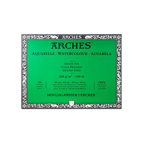 Arches Watercolor Block 12x16-inch Natural White 100% Cotton Paper - 20 Sheets of Arches Watercolor Paper 140 lb Cold Press - Arches Art Paper for Watercolor Gouache Ink Acrylic and More