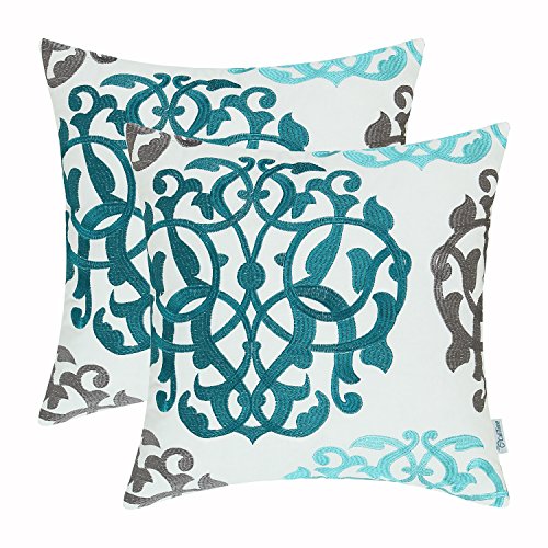 Book Cover CaliTime Throw Pillow Cases Pack of 2 Cotton Vintage Compass Geometric Floral Embroidered Decorative Cushion Covers for Couch Bed Sofa Farmhouse Decoration 18 X 18 Inches Teal Duckegg Gray