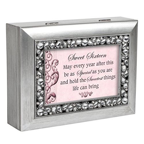 Sweet Sixteen Brushed Silver Jeweled Inlay Jewelry Music Box Plays You Light Up My Life