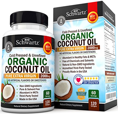 Coconut Oil Capsules 2000mg - Organic Pure Extra Virgin Unrefined Cold Pressed & Non-GMO for Healthy Skin Nails Weight Loss Hair Growth Brain Health Bloat Blood Pressure Anti Aging Digestion - 120ct