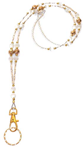 Hidden Hollow Beads Women's Beaded Lanyard 34 Inches, GOLD Super Slim White - Breakaway