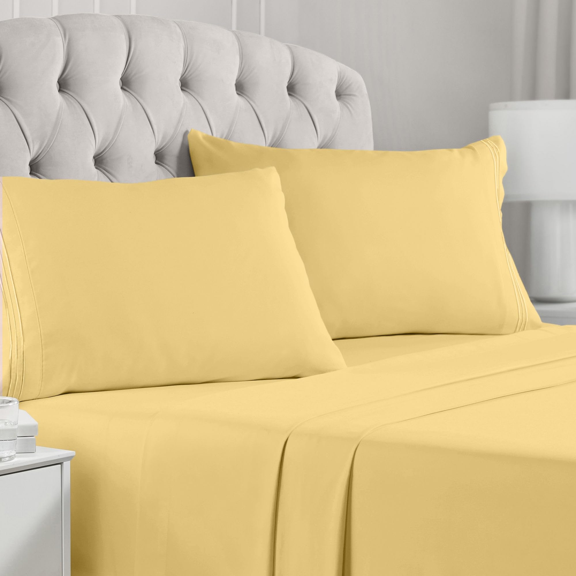 Book Cover Mellanni Yellow Sheets King Size - Hotel Luxury 1800 Bedding Sheets & Pillowcases - Extra Soft Cooling Bed Sheets - Deep Pocket up to 16 inch - Wrinkle, Fade, Stain Resistant - 4 Piece (King, Yellow)