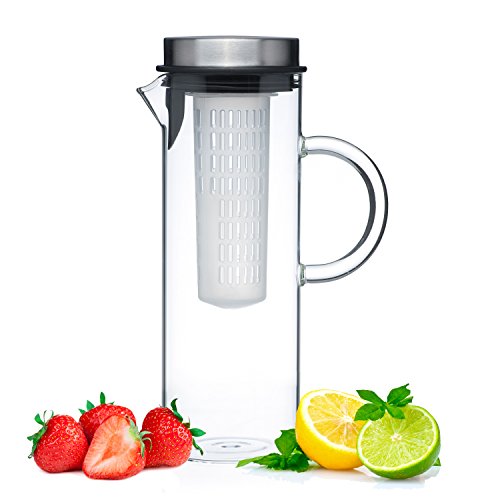 Glass Water Pitcher with Lid & Fruit Infuser Rod - Borosilicate Glass Carafe W/Up to 50Oz/1500ml Capacity - Stainless Steel Lid, BPA Free Infusion Filter - Perfect for Water, Tea, Sangria, Juice