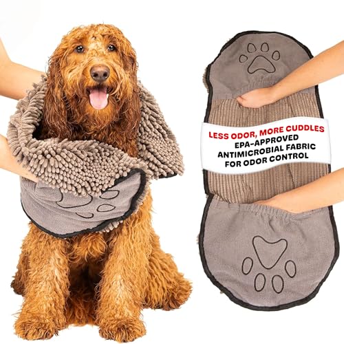 Dog Gone Smart The Dirty Dog Shammy - Antimicrobial Microfiber Dog Towel for Odor Control, Fast-Drying Plush, Dual Hand Pockets & Elastic, Super Absorbent, Machine Washable, 31 x 13 in, Grey