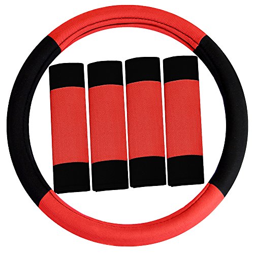 FH Group FH2033RED Universal Fit Modernistic and Seat Belt Pads Combo Set Red Steering Wheel Cover fits most Cars, SUVs, and Trucks