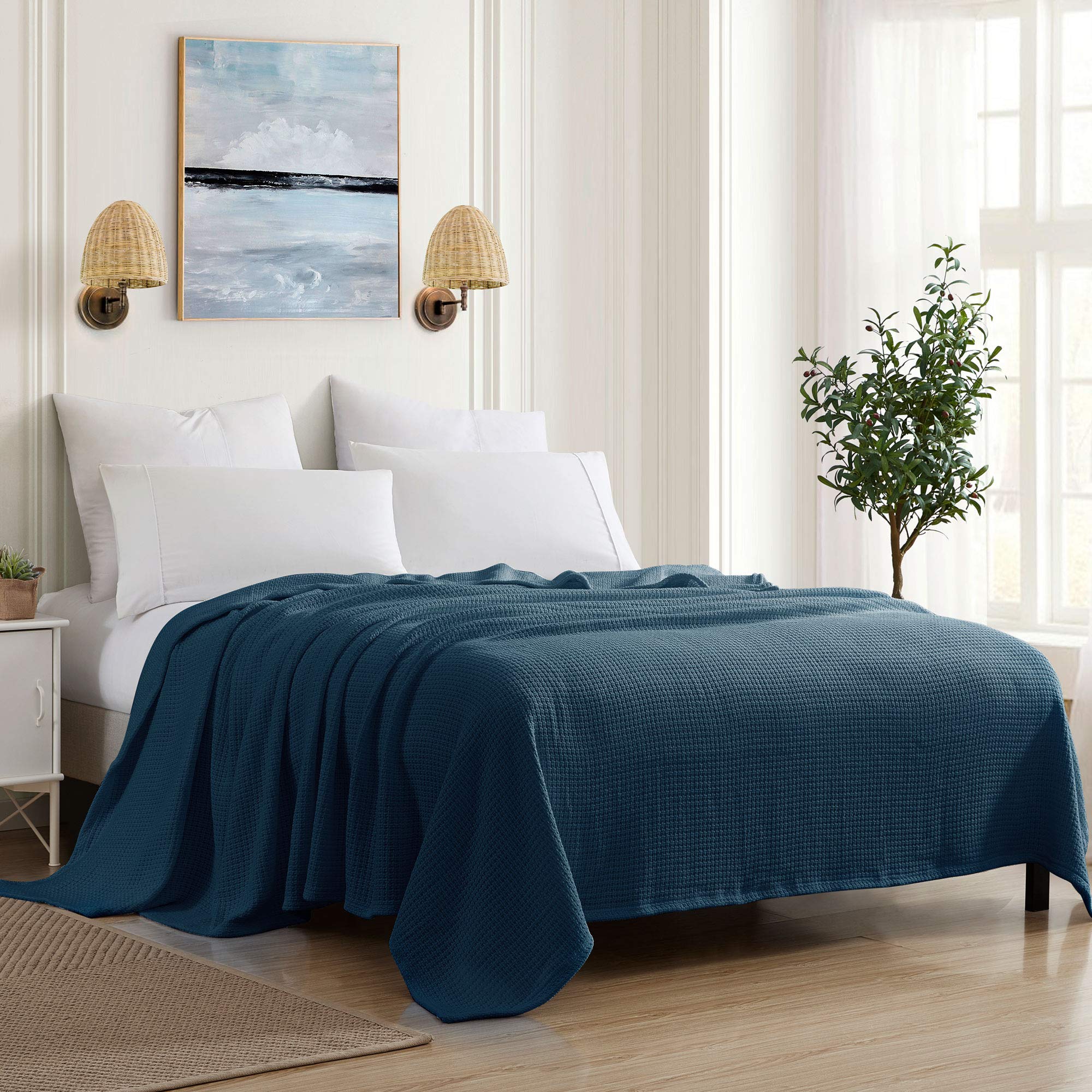 Sweet Home Collection 100% Fine Cotton Luxurious Basket Weave Blanket, Navy Full/Queen Full/Queen Navy