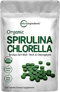 Organic Chlorella and Spirulina 3000MG, 720 Tablets, 120 Servings (4 Months Supply), Rich in Antioxidant, Prebiotics, Chlorophyll, Amino Acids, Fiber and Proteins, No GMO and Vegan Friendly