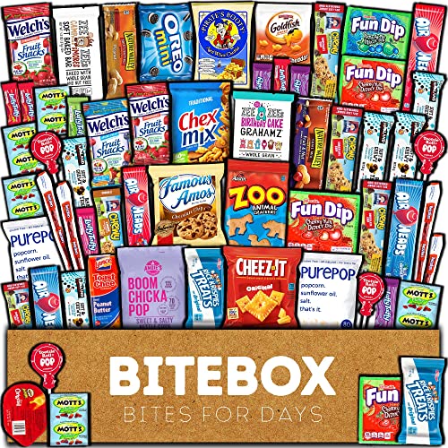 BITEBOX Snack Box Variety Pack Care Package (60 Count) Halloween Treat Basket Stuffers Kids Teens Grandchildren Men Women Adults Candy Food Cookies Chips Arrangement Mix College Student Sampler Office