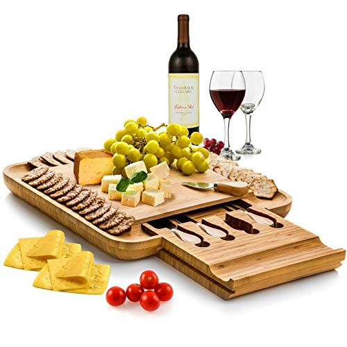 Book Cover Bambusi Natural Bamboo Cheese Board Set - Wooden Charcuterie Meat Platter and Serving Tray with Cutlery Set - Perfect for Birthday, Housewarming & Wedding Gifts
