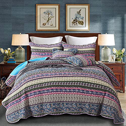 Qucover Bohemian Style Blue Striped Quilt Sets Queen Size, 3-Piece 100% Cotton Boho Patchwork Bedspread Quilt Sets with Pillowcase, Queen 90x98 Inch