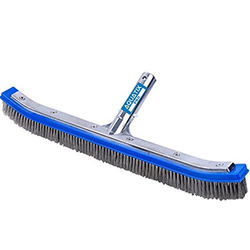 Aquatix Pro Pool Brush, 18" Heavy Duty Aluminium Back, Curved Ends for Corners, Scrub Brush w/Stainless Steel Bristles & EZ Clip, Swimming Pool Brushes for Cleaning Pool Walls, Tiles, Floors & Steps