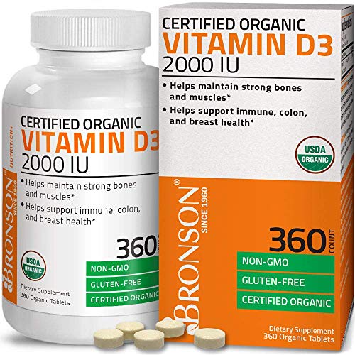 Bronson Vitamin D3 2,000 IU (1 Year Supply) for Immune Support, Healthy Muscle Function & Bone Health, High Potency Organic Non-GMO Vitamin D Supplement, 360 Tablets