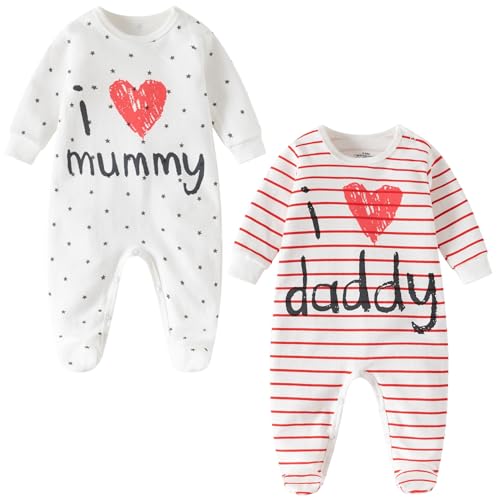 aomomo Unisex-Baby Clothes Twins Bodysuits I Love Daddy Mummy Romper Set, Newborn Cotton Footed Pajamas (0-3 Months)