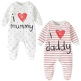 aomomo Unisex-Baby Clothes Twins Bodysuits I Love Daddy Mummy Romper Set, Newborn Cotton Footed Pajamas (0-3 Months)