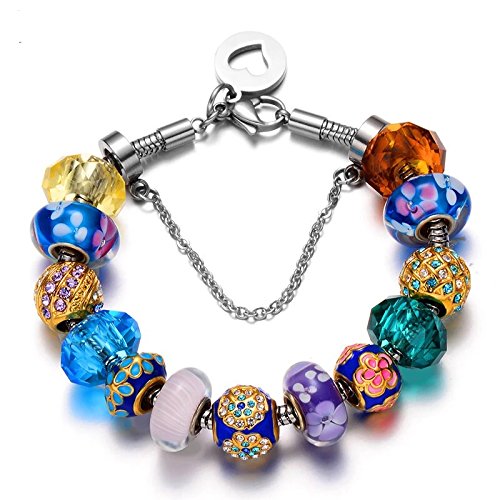 Morenitor Beaded Bracelet Handmade Carved Sterling Silver Plated Snake Chain Charm Bracelet for Women 19.5cm (Purple)