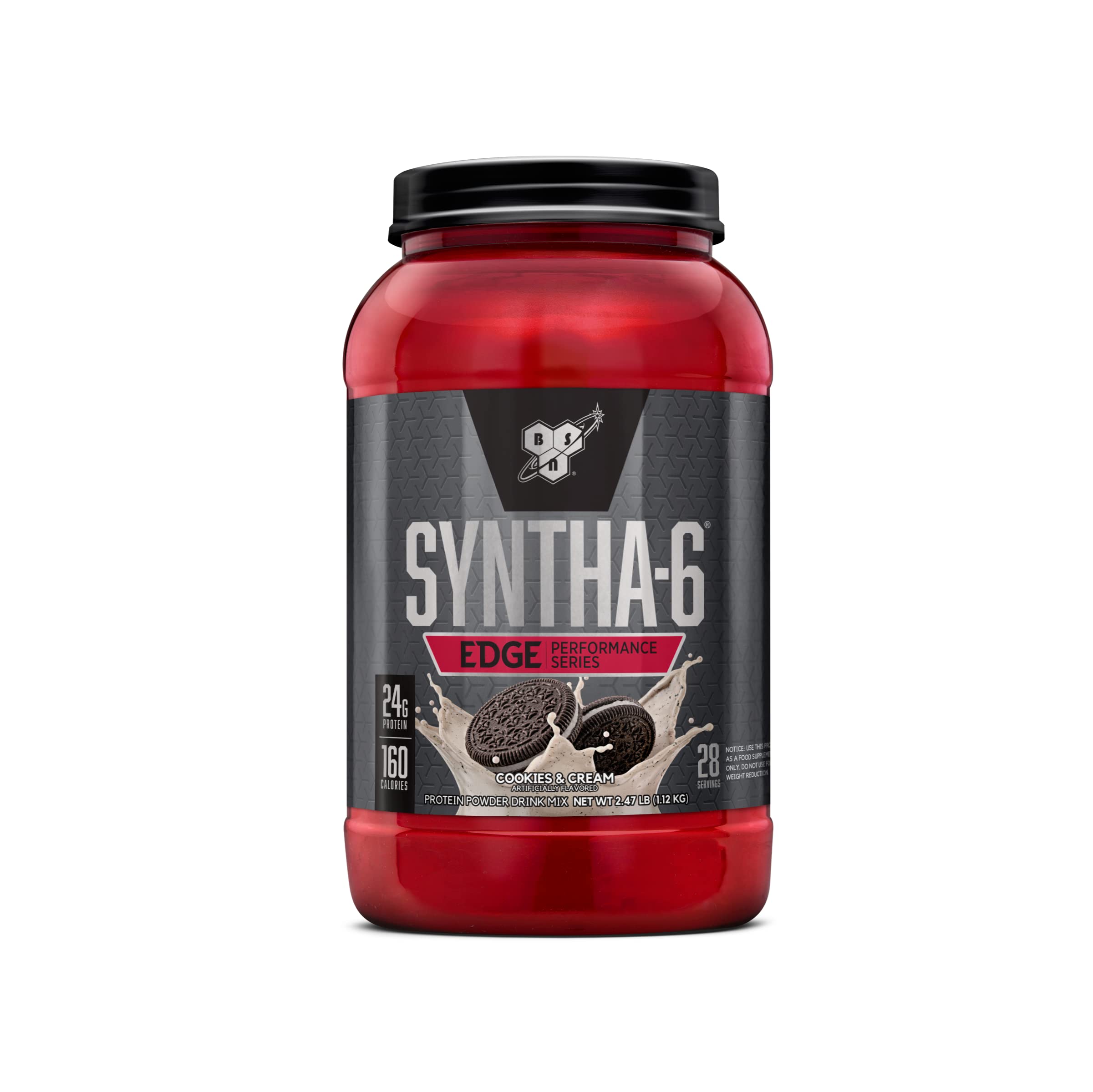 BSN SYNTHA-6 Edge Protein Powder, with Hydrolyzed Whey, Micellar Casein, Milk Protein Isolate, Low Sugar, 24g Protein, Cookies N Cream, 28 Servings Cookies and Cream 2.47 Pound (Pack of 1)
