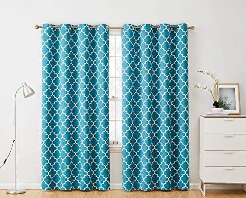 HLC.ME Lattice Print Geometric Home Theater Blackout Curtains - Thermal Heat & Cold Draft Blocker - Light Blocking Energy Smart Window Drapery Curtain Grommet Panels, Set of 2, 52 W x 84 L - Teal Blue