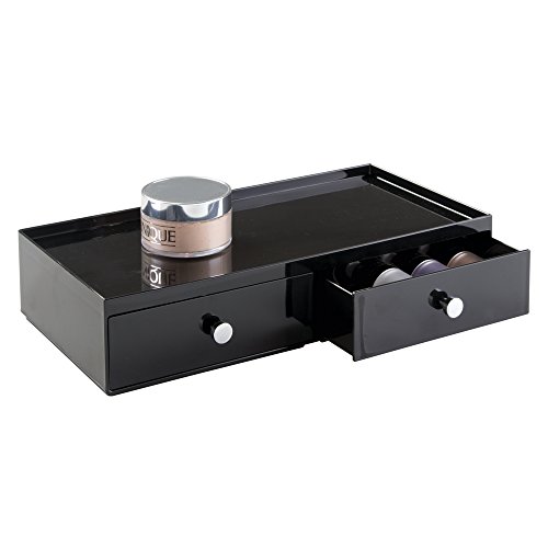 mDesign Plastic Modern Cosmetics Countertop Organizers for Vanity Cabinet to Hold Makeup, Beauty Products - 2 Drawer Wide, Black