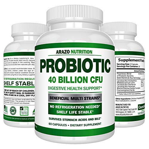 Book Cover Probiotic 40 Billion CFU - Shelf Stable with Prebiotics and Acidophilus - Guaranteed Potency Until Expiration - Time Delay Release Probiotics - Arazo Nutrition